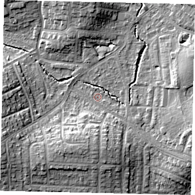Shaded relief map of the ground around HA51JX, computed from Environment Agency LiDAR. The ground here sits at about 47 m above sea level and falls 12 m across the surrounding 800 m. Surface water reaching this point runs off ground lying to the south-east, 1.3 m higher.