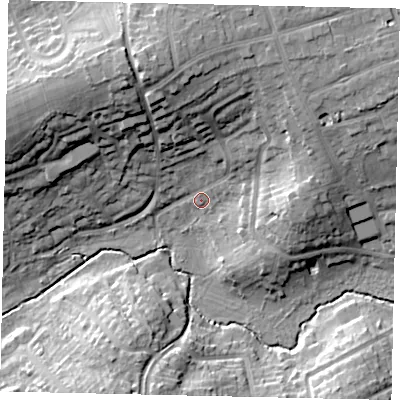 Shaded relief map of the ground around HA52BG, computed from Environment Agency LiDAR. The ground here sits at about 47 m above sea level and falls 21 m across the surrounding 800 m. Surface water reaching this point runs off ground lying to the north, 15.4 m higher.