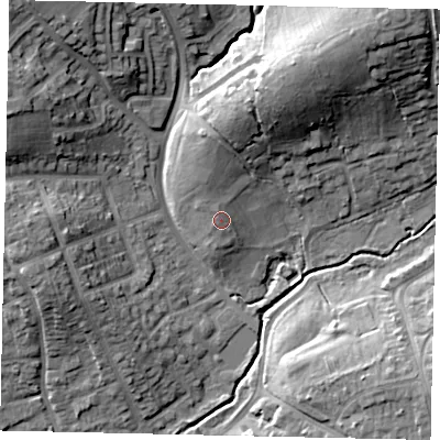 Shaded relief map of the ground around HA52EG, computed from Environment Agency LiDAR. The ground here sits at about 48 m above sea level and falls 20 m across the surrounding 800 m. Surface water reaching this point runs off ground lying to the north-north-west, 1.2 m higher.