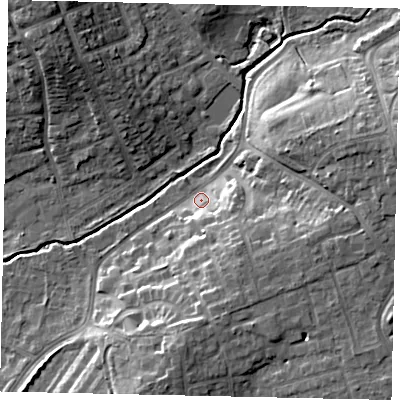 Shaded relief map of the ground around HA52EN, computed from Environment Agency LiDAR. The ground here sits at about 45 m above sea level and falls 15 m across the surrounding 800 m. Surface water reaching this point runs off ground lying to the south-east, 9.2 m higher.