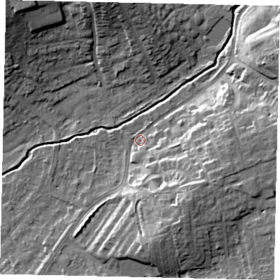 Shaded relief map of the ground around HA52ER, computed from Environment Agency LiDAR. The ground here sits at about 44 m above sea level and falls 15 m across the surrounding 800 m. Surface water reaching this point runs off ground lying to the south-east, 11.9 m higher.