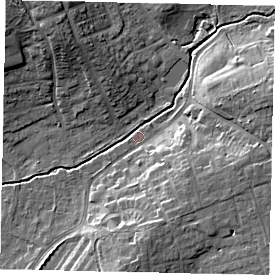 Shaded relief map of the ground around HA52ET, computed from Environment Agency LiDAR. The ground here sits at about 44 m above sea level and falls 16 m across the surrounding 800 m. Surface water reaching this point runs off ground lying to the east-north-east, 14.5 m higher.