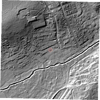 Shaded relief map of the ground around HA52HU, computed from Environment Agency LiDAR. The ground here sits at about 43 m above sea level and falls 17 m across the surrounding 800 m. Surface water reaching this point runs off ground lying to the north-west, 15.8 m higher.