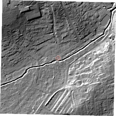 Shaded relief map of the ground around HA52HX, computed from Environment Agency LiDAR. The ground here sits at about 43 m above sea level and falls 17 m across the surrounding 800 m. Surface water reaching this point runs off ground lying to the south-east, 13.6 m higher.