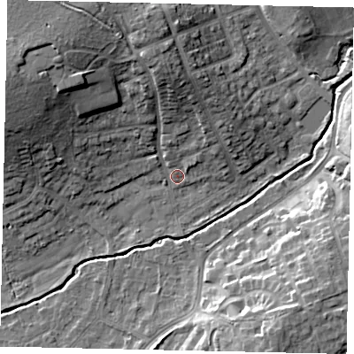 Shaded relief map of the ground around HA52HY, computed from Environment Agency LiDAR. The ground here sits at about 44 m above sea level and falls 17 m across the surrounding 800 m. Surface water reaching this point runs off ground lying to the north-north-west, 14.3 m higher.