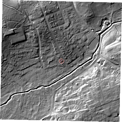 Shaded relief map of the ground around HA52JU, computed from Environment Agency LiDAR. The ground here sits at about 45 m above sea level and falls 17 m across the surrounding 800 m. Surface water reaching this point runs off ground lying to the north-north-west, 10.8 m higher.