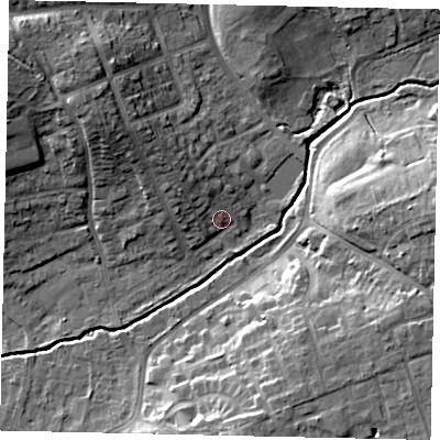 Shaded relief map of the ground around HA52JX, computed from Environment Agency LiDAR. The ground here sits at about 45 m above sea level and falls 16 m across the surrounding 800 m. Surface water reaching this point runs off ground lying to the north-west, 5.3 m higher.