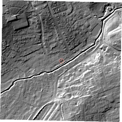 Shaded relief map of the ground around HA52JY, computed from Environment Agency LiDAR. The ground here sits at about 43 m above sea level and falls 17 m across the surrounding 800 m. Surface water reaching this point runs off ground lying to the north-north-west, 12.9 m higher.