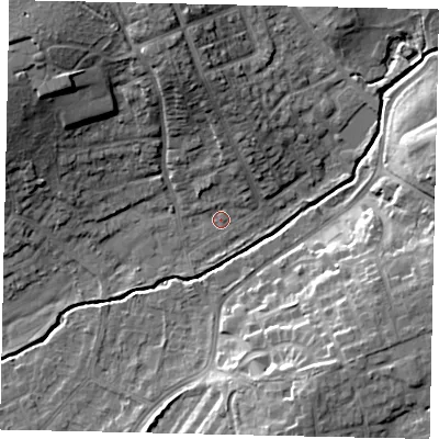 Shaded relief map of the ground around HA52JZ, computed from Environment Agency LiDAR. The ground here sits at about 43 m above sea level and falls 17 m across the surrounding 800 m. Surface water reaching this point runs off ground lying to the north, 8.6 m higher.
