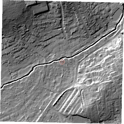 Shaded relief map of the ground around HA52LA, computed from Environment Agency LiDAR. The ground here sits at about 43 m above sea level and falls 17 m across the surrounding 800 m. Surface water reaching this point runs off ground lying to the east-south-east, 13.7 m higher.