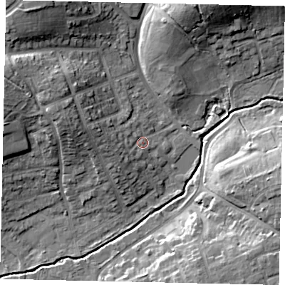 Shaded relief map of the ground around HA52NZ, computed from Environment Agency LiDAR. The ground here sits at about 46 m above sea level and falls 18 m across the surrounding 800 m. Surface water reaching this point runs off ground lying to the west-north-west, 7.5 m higher.
