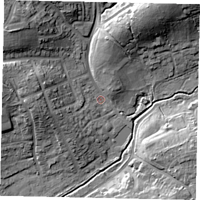 Shaded relief map of the ground around HA52PY, computed from Environment Agency LiDAR. The ground here sits at about 44 m above sea level and falls 19 m across the surrounding 800 m. Surface water reaching this point runs off ground lying to the north-west, 15.2 m higher.