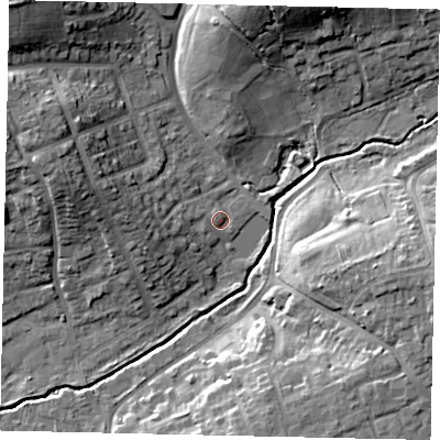 Shaded relief map of the ground around HA52PZ, computed from Environment Agency LiDAR. The ground here sits at about 45 m above sea level and falls 18 m across the surrounding 800 m. Surface water reaching this point runs off ground lying to the west, 3.2 m higher.