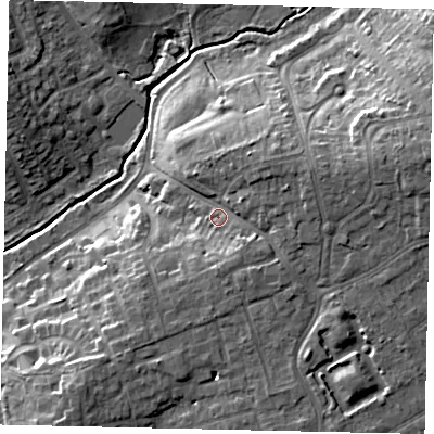 Shaded relief map of the ground around HA52QL, computed from Environment Agency LiDAR. The ground here sits at about 50 m above sea level and falls 17 m across the surrounding 800 m. Surface water reaching this point runs off ground lying to the east-north-east, 6.6 m higher.