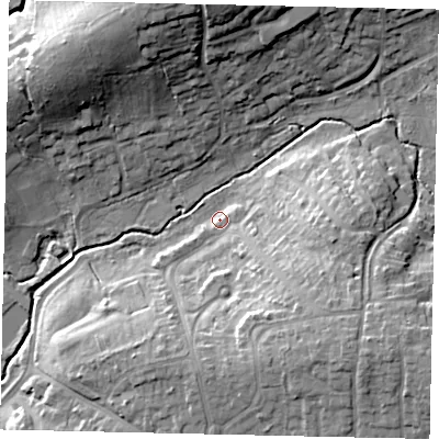 Shaded relief map of the ground around HA52RP, computed from Environment Agency LiDAR. The ground here sits at about 45 m above sea level and falls 20 m across the surrounding 800 m. Surface water reaching this point runs off ground lying to the south-east, 15.7 m higher.