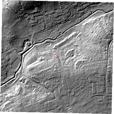 Shaded relief map of the ground around HA52RW, computed from Environment Agency LiDAR. The ground here sits at about 50 m above sea level and falls 18 m across the surrounding 800 m. Surface water reaching this point runs off ground lying to the south-south-east, 8.6 m higher.