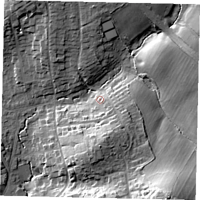Shaded relief map of the ground around HA53AU, computed from Environment Agency LiDAR. The ground here sits at about 55 m above sea level and falls 32 m across the surrounding 800 m. Surface water reaching this point runs off ground lying to the south-east, 4.7 m higher.