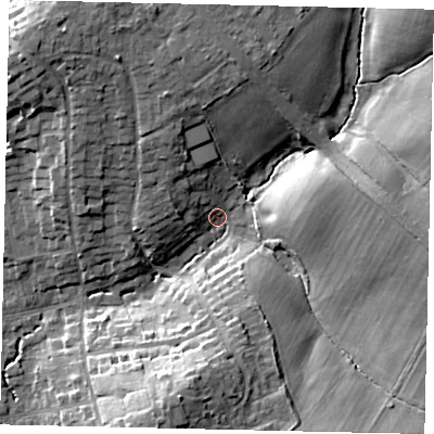Shaded relief map of the ground around HA53AY, computed from Environment Agency LiDAR. The ground here sits at about 53 m above sea level and falls 19 m across the surrounding 800 m. Surface water reaching this point runs off ground lying to the south-south-west, 16.0 m higher.