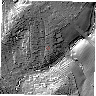Shaded relief map of the ground around HA53AZ, computed from Environment Agency LiDAR. The ground here sits at about 57 m above sea level and falls 19 m across the surrounding 800 m. Surface water reaching this point runs off ground lying to the north-north-east, 2.8 m higher.