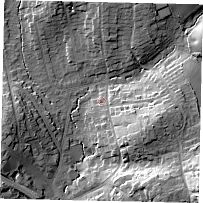 Shaded relief map of the ground around HA53BT, computed from Environment Agency LiDAR. The ground here sits at about 53 m above sea level and falls 28 m across the surrounding 800 m. Surface water reaching this point runs off ground lying to the south-east, 15.6 m higher.
