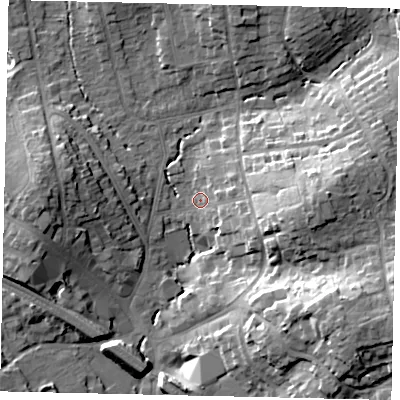 Shaded relief map of the ground around HA53BW, computed from Environment Agency LiDAR. The ground here sits at about 51 m above sea level and falls 23 m across the surrounding 800 m. Surface water reaching this point runs off ground lying to the east, 19.0 m higher.