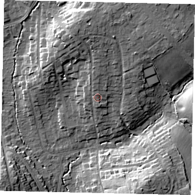 Shaded relief map of the ground around HA53BX, computed from Environment Agency LiDAR. The ground here sits at about 58 m above sea level and falls 19 m across the surrounding 800 m. Surface water reaching this point runs off ground lying to the north, 1.1 m higher.
