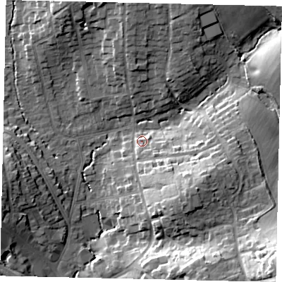 Shaded relief map of the ground around HA53BY, computed from Environment Agency LiDAR. The ground here sits at about 54 m above sea level and falls 32 m across the surrounding 800 m. Surface water reaching this point runs off ground lying to the south-south-east, 4.0 m higher.