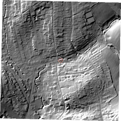 Shaded relief map of the ground around HA53BZ, computed from Environment Agency LiDAR. The ground here sits at about 52 m above sea level and falls 30 m across the surrounding 800 m. Surface water reaching this point runs off ground lying to the south-east, 17.4 m higher.