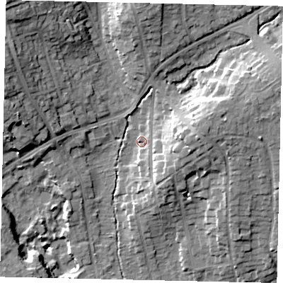 Shaded relief map of the ground around HA53DX, computed from Environment Agency LiDAR. The ground here sits at about 55 m above sea level and falls 21 m across the surrounding 800 m. Surface water reaching this point runs off ground lying to the east, 11.3 m higher.