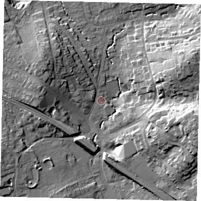 Shaded relief map of the ground around HA53EE, computed from Environment Agency LiDAR. The ground here sits at about 50 m above sea level and falls 23 m across the surrounding 800 m. Surface water reaching this point runs off ground lying to the north-west, 10.0 m higher.