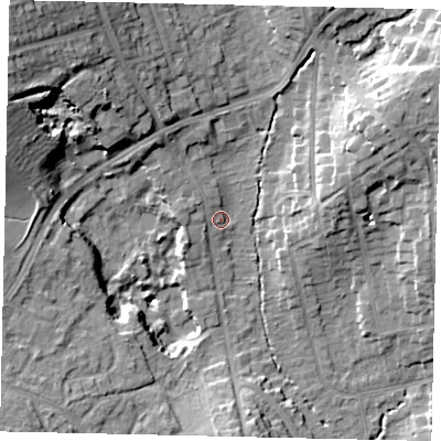 Shaded relief map of the ground around HA53ES, computed from Environment Agency LiDAR. The ground here sits at about 54 m above sea level and falls 25 m across the surrounding 800 m. Surface water reaching this point runs off ground lying to the west-north-west, 3.4 m higher.