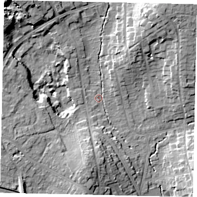 Shaded relief map of the ground around HA53ET, computed from Environment Agency LiDAR. The ground here sits at about 52 m above sea level and falls 19 m across the surrounding 800 m. Surface water reaching this point runs off ground lying to the north-west, 19.4 m higher.
