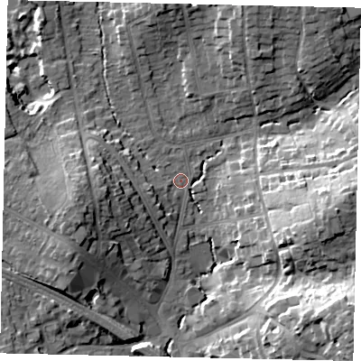 Shaded relief map of the ground around HA53EZ, computed from Environment Agency LiDAR. The ground here sits at about 50 m above sea level and falls 23 m across the surrounding 800 m. Surface water reaching this point runs off ground lying to the west-south-west, 11.2 m higher.