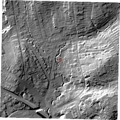 Shaded relief map of the ground around HA53HA, computed from Environment Agency LiDAR. The ground here sits at about 50 m above sea level and falls 23 m across the surrounding 800 m. Surface water reaching this point runs off ground lying to the east, 19.0 m higher.