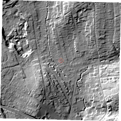 Shaded relief map of the ground around HA53HD, computed from Environment Agency LiDAR. The ground here sits at about 51 m above sea level and falls 19 m across the surrounding 800 m. Surface water reaching this point runs off ground lying to the south-west, 11.0 m higher.