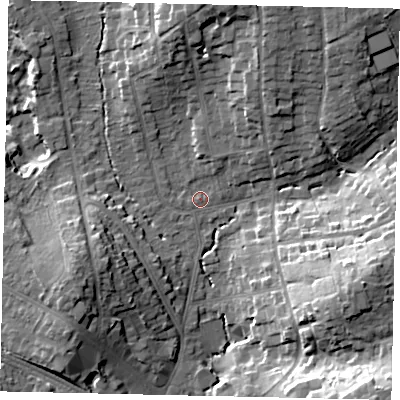 Shaded relief map of the ground around HA53HF, computed from Environment Agency LiDAR. The ground here sits at about 51 m above sea level and falls 22 m across the surrounding 800 m. Surface water reaching this point runs off ground lying to the north, 10.8 m higher.