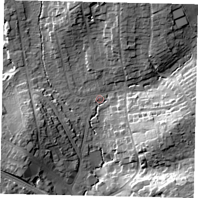 Shaded relief map of the ground around HA53HQ, computed from Environment Agency LiDAR. The ground here sits at about 50 m above sea level and falls 22 m across the surrounding 800 m. Surface water reaching this point runs off ground lying to the east-south-east, 18.3 m higher.