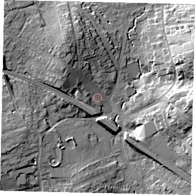 Shaded relief map of the ground around HA53HR, computed from Environment Agency LiDAR. The ground here sits at about 51 m above sea level and falls 19 m across the surrounding 800 m. Surface water reaching this point runs off ground lying to the north-north-west, 11.1 m higher.