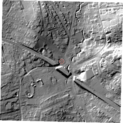 Shaded relief map of the ground around HA53HT, computed from Environment Agency LiDAR. The ground here sits at about 49 m above sea level and falls 21 m across the surrounding 800 m. Surface water reaching this point runs off ground lying to the north-north-west, 14.2 m higher.