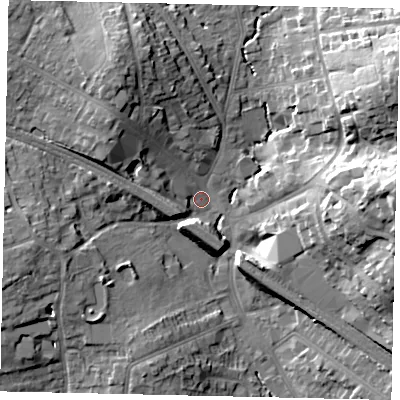 Shaded relief map of the ground around HA53HU, computed from Environment Agency LiDAR. The ground here sits at about 49 m above sea level and falls 21 m across the surrounding 800 m. Surface water reaching this point runs off ground lying to the north-north-west, 14.2 m higher.