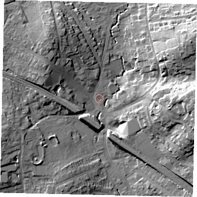Shaded relief map of the ground around HA53JD, computed from Environment Agency LiDAR. The ground here sits at about 49 m above sea level and falls 23 m across the surrounding 800 m. Surface water reaching this point runs off ground lying to the north-west, 3.1 m higher.
