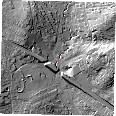 Shaded relief map of the ground around HA53JE, computed from Environment Agency LiDAR. The ground here sits at about 49 m above sea level and falls 23 m across the surrounding 800 m. Surface water reaching this point runs off ground lying to the east, 22.0 m higher.