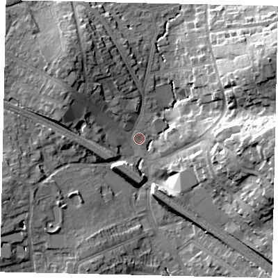 Shaded relief map of the ground around HA53JP, computed from Environment Agency LiDAR. The ground here sits at about 49 m above sea level and falls 23 m across the surrounding 800 m. Surface water reaching this point runs off ground lying to the north-west, 3.1 m higher.