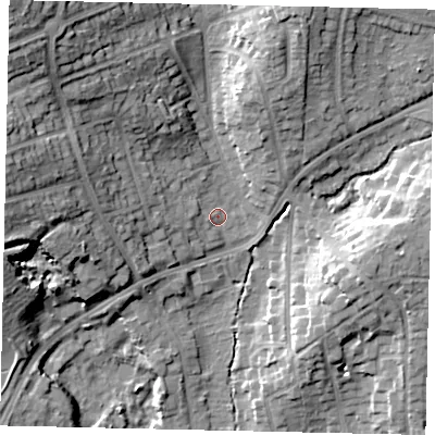 Shaded relief map of the ground around HA53PX, computed from Environment Agency LiDAR. The ground here sits at about 55 m above sea level and falls 25 m across the surrounding 800 m. Surface water reaching this point runs off ground lying to the west, 3.7 m higher.
