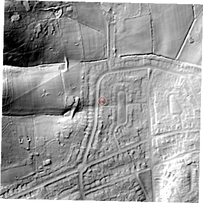 Shaded relief map of the ground around HA53RG, computed from Environment Agency LiDAR. The ground here sits at about 66 m above sea level and falls 46 m across the surrounding 800 m. Surface water reaching this point runs off ground lying to the west, 31.4 m higher.