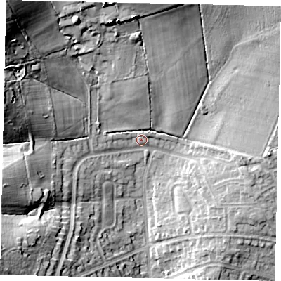 Shaded relief map of the ground around HA53RH, computed from Environment Agency LiDAR. The ground here sits at about 63 m above sea level and falls 28 m across the surrounding 800 m. Surface water reaching this point runs off ground lying to the north-west, 24.0 m higher.