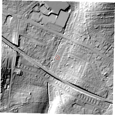Shaded relief map of the ground around HA53TT, computed from Environment Agency LiDAR. The ground here sits at about 63 m above sea level and falls 28 m across the surrounding 800 m. Surface water reaching this point runs off ground lying to the north-east, 22.7 m higher.