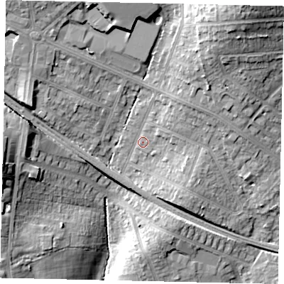 Shaded relief map of the ground around HA53TU, computed from Environment Agency LiDAR. The ground here sits at about 63 m above sea level and falls 28 m across the surrounding 800 m. Surface water reaching this point runs off ground lying to the north-east, 22.0 m higher.