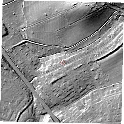 Shaded relief map of the ground around HA54AA, computed from Environment Agency LiDAR. The ground here sits at about 71 m above sea level and falls 29 m across the surrounding 800 m. Surface water reaching this point runs off ground lying to the south-east, 1.3 m higher.