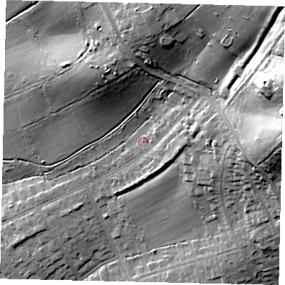 Shaded relief map of the ground around HA54AB, computed from Environment Agency LiDAR. The ground here sits at about 77 m above sea level and falls 42 m across the surrounding 800 m. Surface water reaching this point runs off ground lying to the east-north-east, 8.7 m higher.